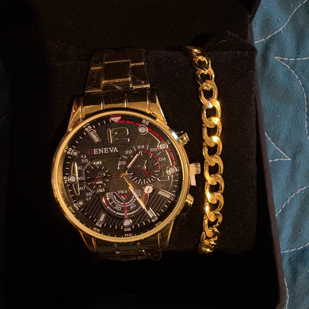 Geneva Black And Gold Chronograph Watch With Chain Bracelet